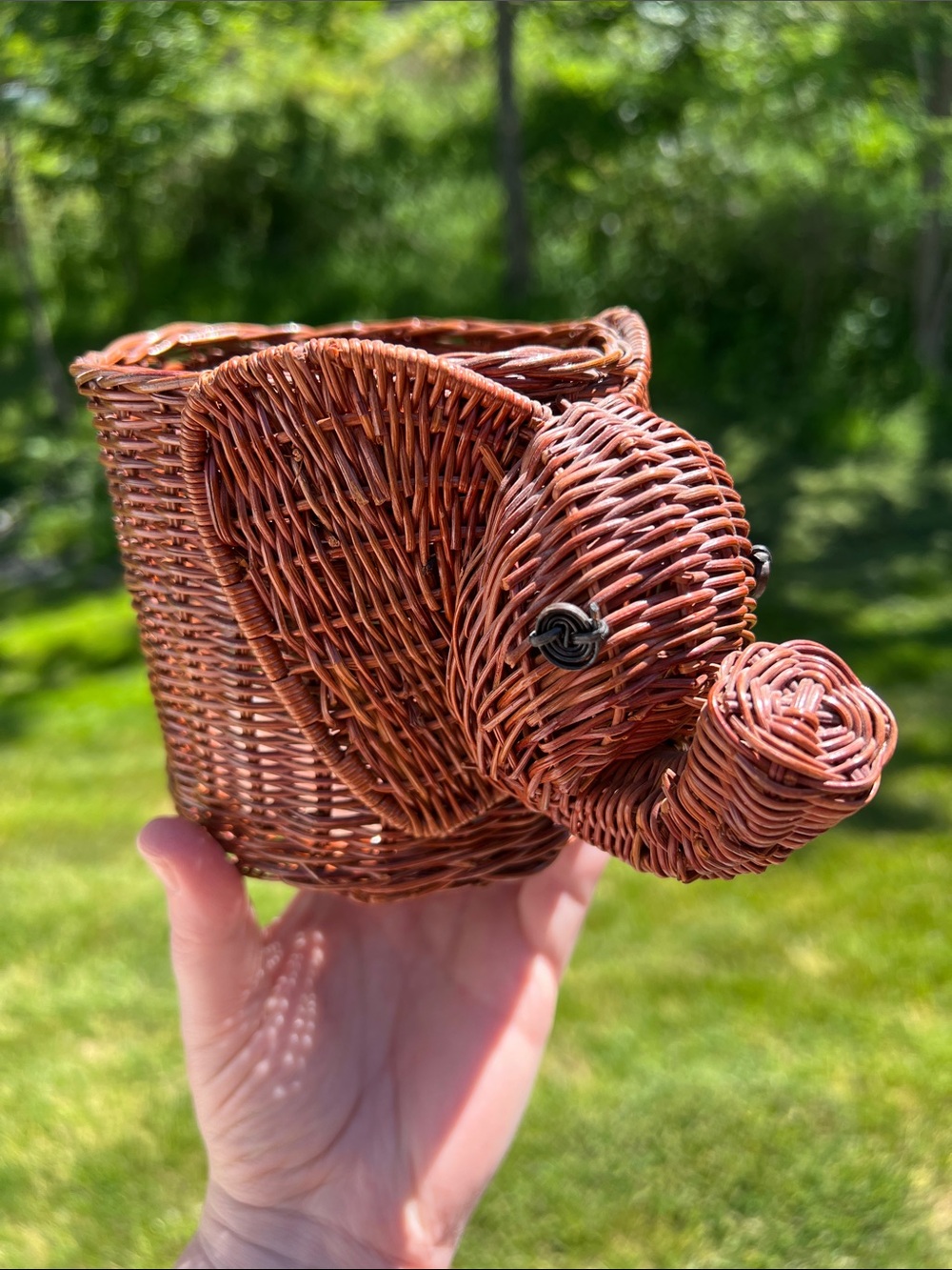 Vintage Boho MCM Kitsch Elephant Wicker Rattan Woven Planter Basket
